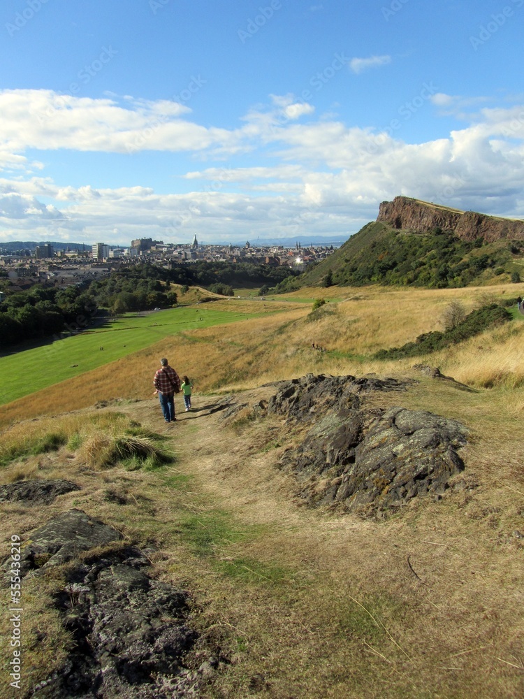 Edinburgh from Holyrood Park, with Salisbury Crags on the right.