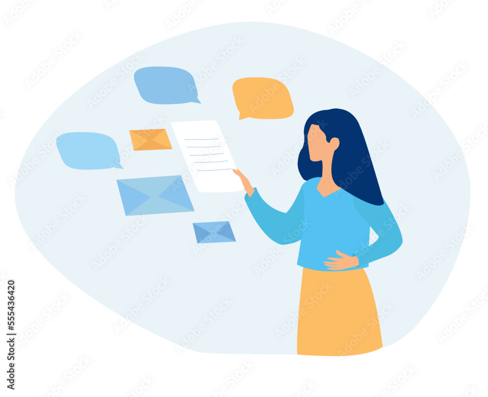 Vector of a woman receiving e-mail letters, business messages and documents.