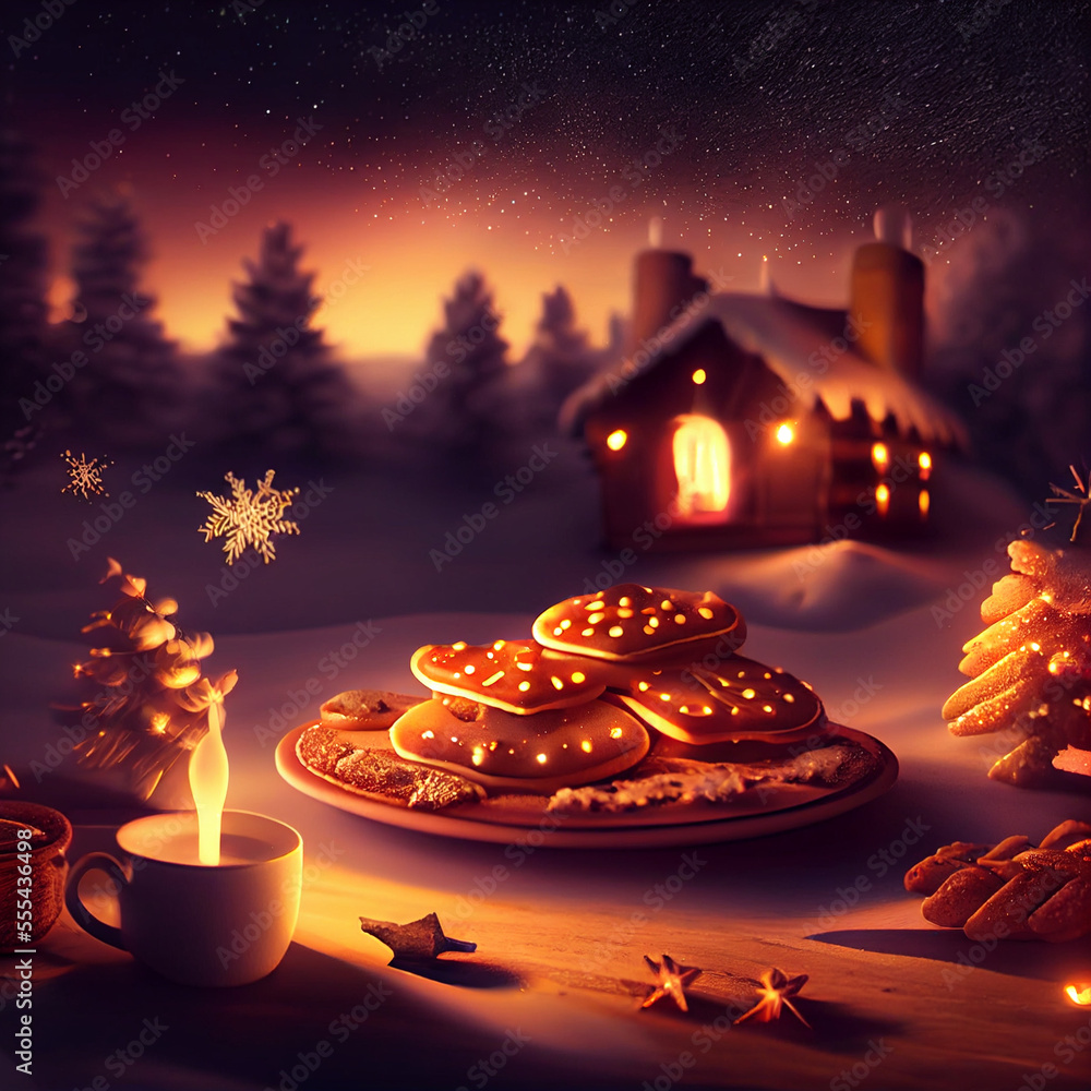 Decorated christmas landscape with cookies, generative ai
