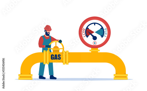 Vector of a worker turns off a valve on a gas pipeline.