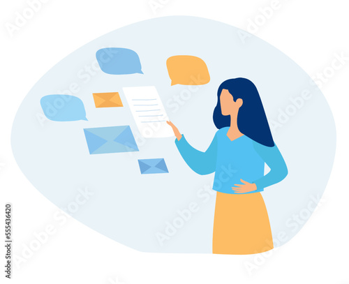 Vector of a woman receiving e-mail letters, business messages and documents.