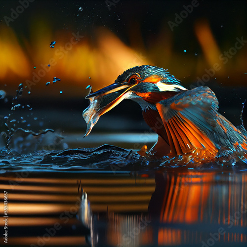 Kingsfisher with a fish in his beak, bird in nature, generative ai photo