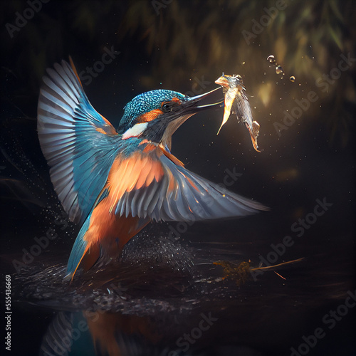 Kingsfisher with a fish in his beak, bird in nature, generative ai photo