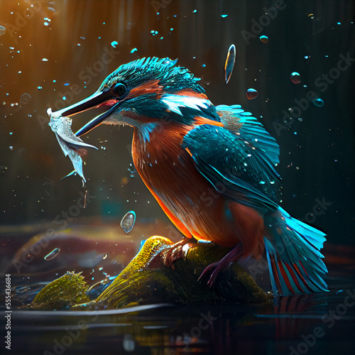 Kingsfisher with a fish in his beak, bird in nature, generative ai © TheGoldTiger