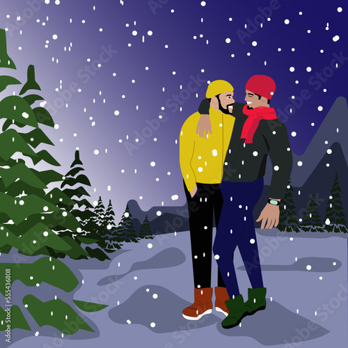 Vector flat illustration of a couple of young handsome gay men in fashionable winter clothes walking in the forest and mountains under snowfall
