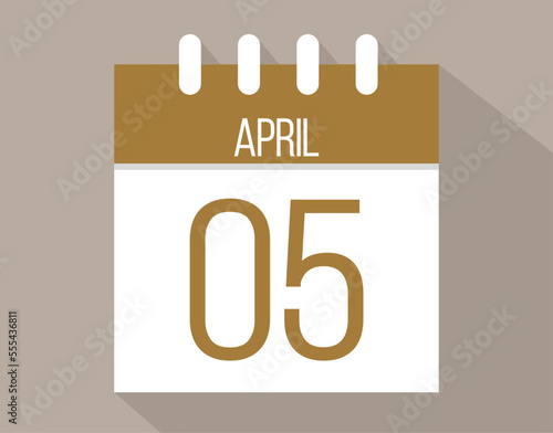 5 April calendar page. Vector icon of calendar page for April days. Brown color with shadow effect