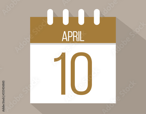 10 April calendar page. Vector icon of calendar page for April days. Brown color with shadow effect