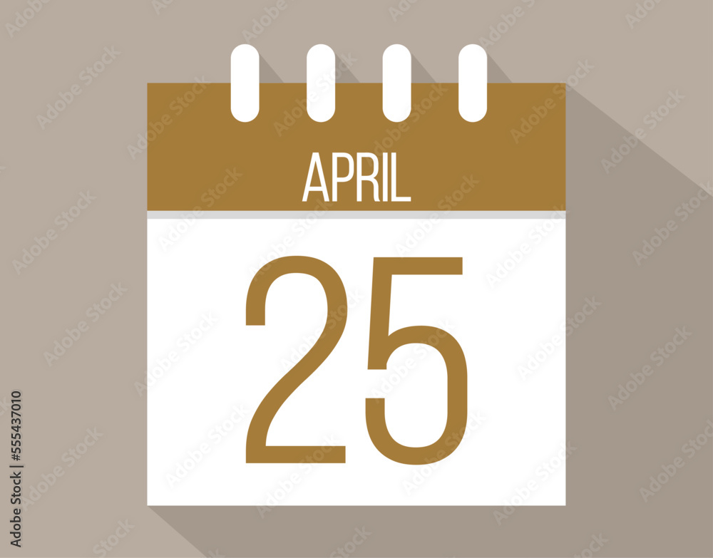 25 April calendar page. Vector icon of calendar page for April days. Brown color with shadow effect 25 April calendar page. Vector icon of calendar page for April days. Brown color with shadow effect