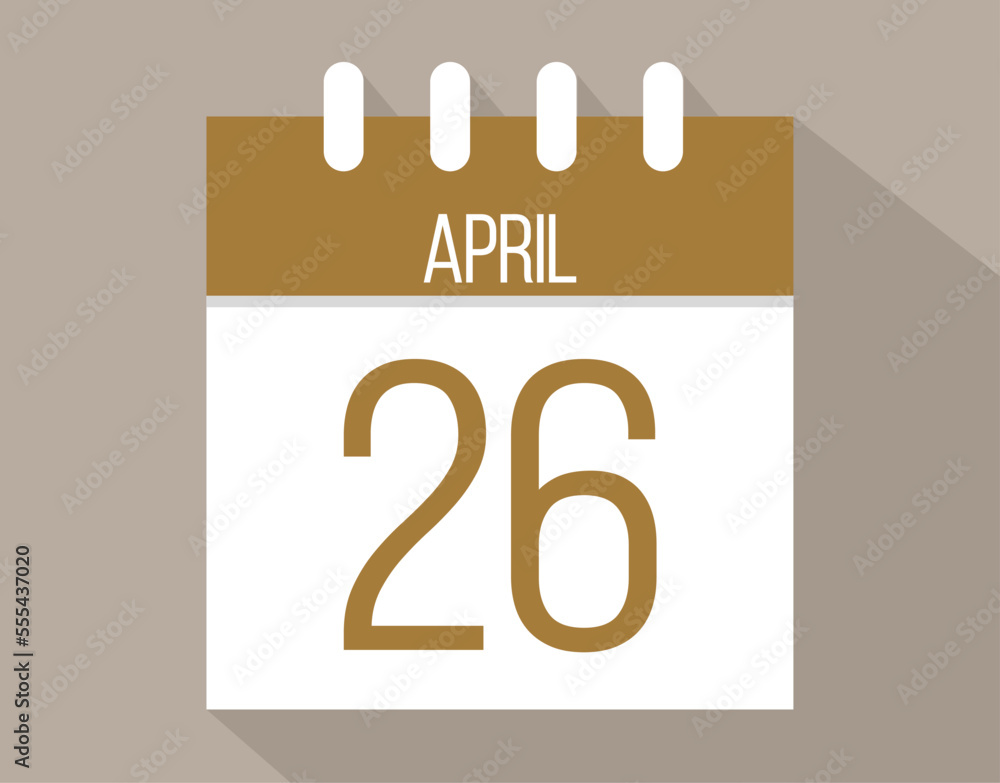 26 April calendar page. Vector icon of calendar page for April days. Brown color with shadow effect 26 April calendar page. Vector icon of calendar page for April days. Brown color with shadow effect
