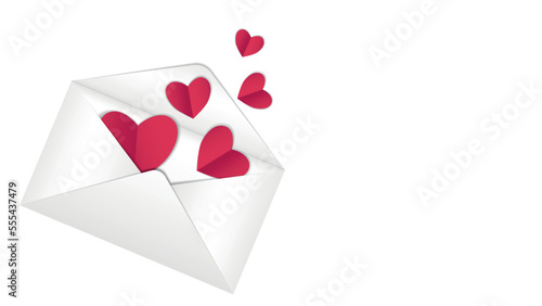 Red paper vector hearts in an envelope, valentine for valentines day. Simple minimalist banner with space for text, copy space. on a white background. Realistic vector graphics without raster effects