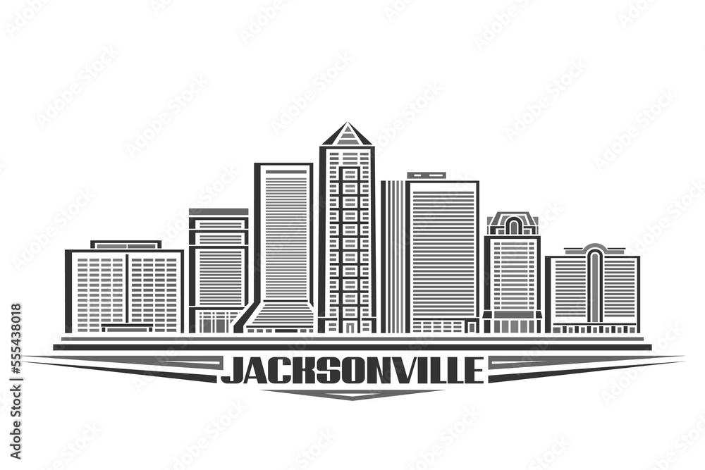 Vector illustration of Jacksonville, monochrome horizontal sign with linear design jacksonville city scape, american urban line art concept with unique letter for text jacksonville on white background