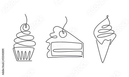 Vector desserts set. Muffin, cupcake, ice cream cone, cake one line continuous drawing illustration. Hand drawn linear doodle icon. Outline design for print, banner, card, wall art poster, brochure.