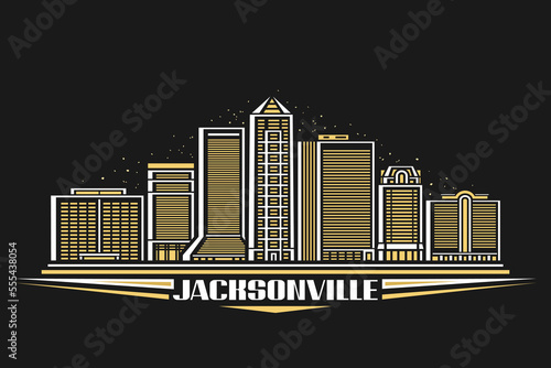 Vector illustration of Jacksonville, dark card with linear design famous jacksonville city scape on dusk sky background, american urban line art concept with decorative lettering for text jacksonville