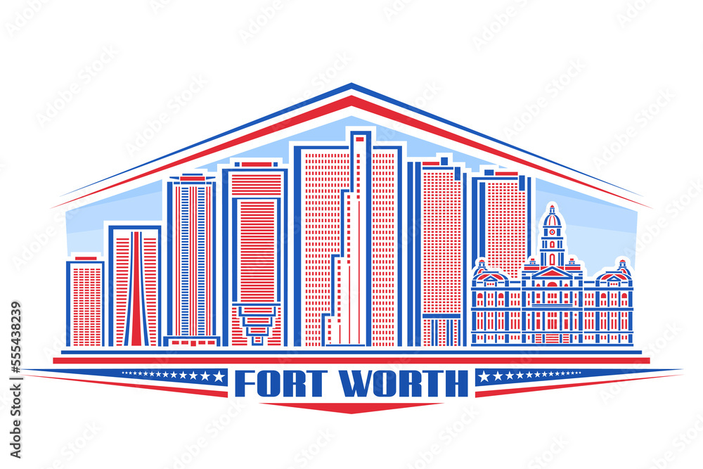 Vector illustration of Fort Worth, horizontal badge with linear design famous jacksonville city scape on day sky background, red urban line art concept with unique lettering for blue text fort worth