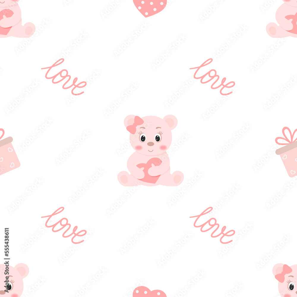 seamless pattern valentino day on white background pink bear