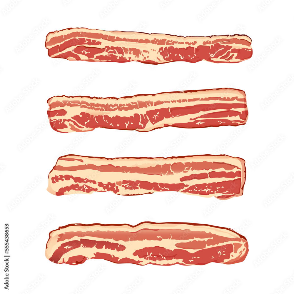 Raw bacon slices flat vector illustration. Tasty breakfast meal ingredient isolated clipart. Raw bacon slices flat vector illustration. Tasty breakfast meal ingredient isolated clipart.