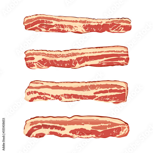 Raw bacon slices flat vector illustration. Tasty breakfast meal ingredient isolated clipart.