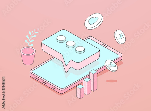 SMM Marketing - social media promotion, comment and like, cross-posting, digital marketing, smm and mobile post sharing. Social media engagement isometric flat design outline icon illustration
