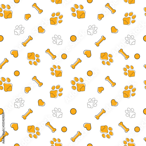 Colorful dog or cat Bons, foot and heart prints pattern background 1