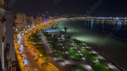 Panoramic view over the buildings downtown Tanger at night in Morocco