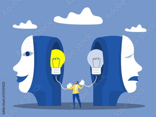 Businessman trying to connect plug light bulb, network connection creative mobilization light bulb  charging brain Vector illustration