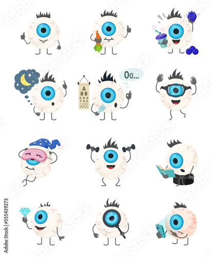 Eyeball character emoji set vector isometric illustration. Blue eye emoticon smiley eyesight protect
