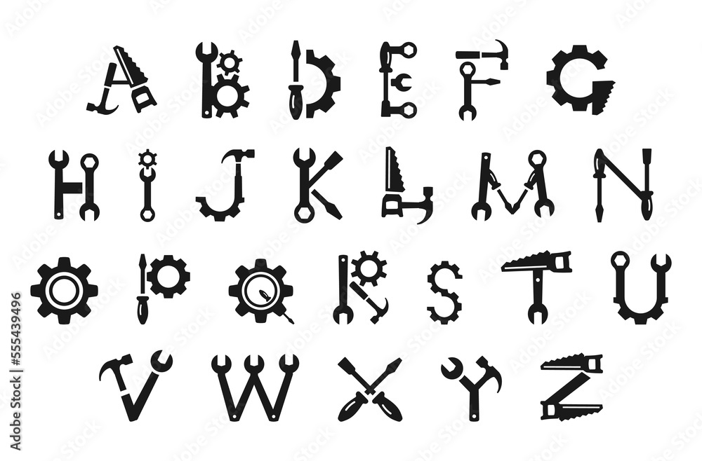 Letters hand tools black monochrome alphabet font set vector illustration. Education reading writing Letters hand tools black monochrome alphabet font set vector illustration. Education reading writing