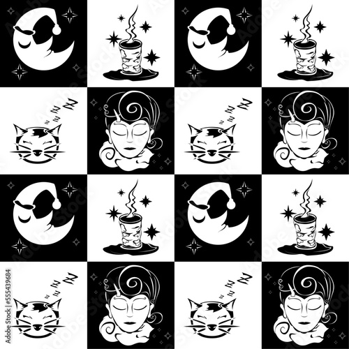 moon, cat, girl and tea b&w background ,pattern