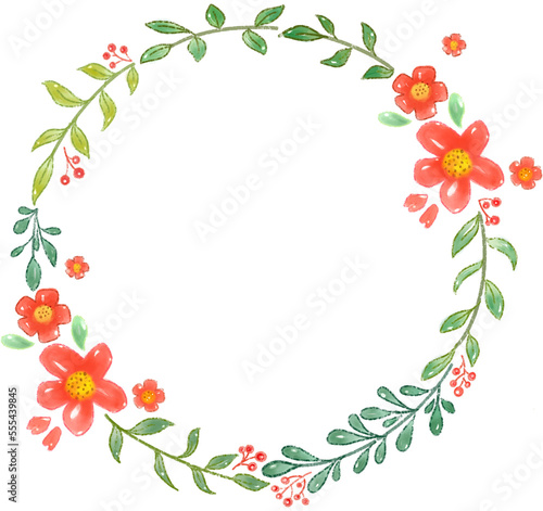 Flower wreath watercolor hand paint, Floral wreath with leaves frame, Cute hand drawn floral wreath watercolor clipart transparent png © Komain Techanadta