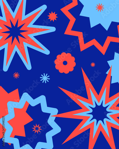 Abstract funky pattern with geometric shapes and stars. Vintage vector illustration. Interior retro poster.