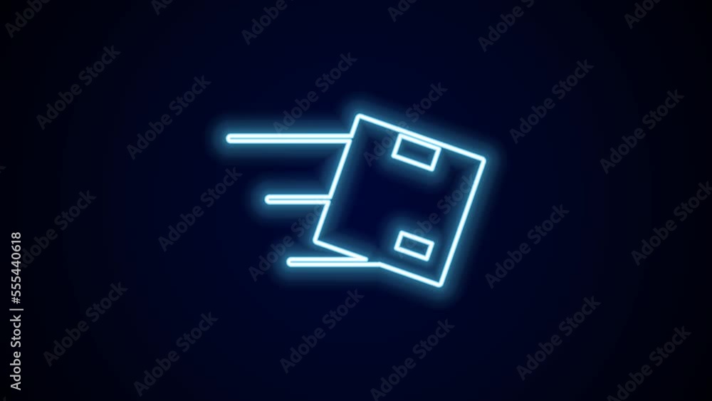 Glowing neon line Location with cardboard box icon isolated on black background. Delivery services, logistic and transportation, distribution. 4K Video motion graphic animation