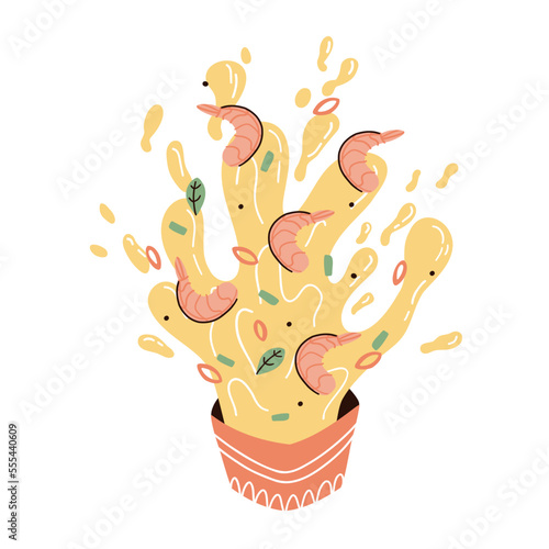 broth with shrimps. hand drawn vector illustration in flat style