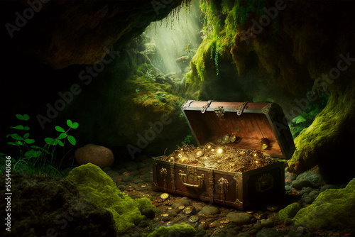 Photo Generative AI illustration of pirates treasure chest full of gold in cave