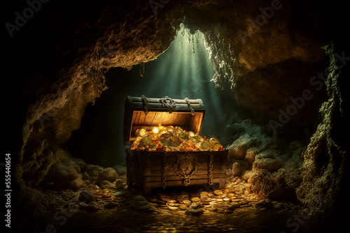 Fototapeta Generative AI illustration of pirates treasure chest in cave