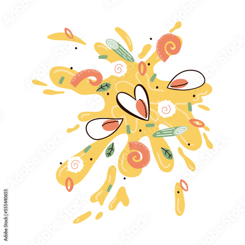 broth with mussels and squid. hand drawn vector illustration in flat style