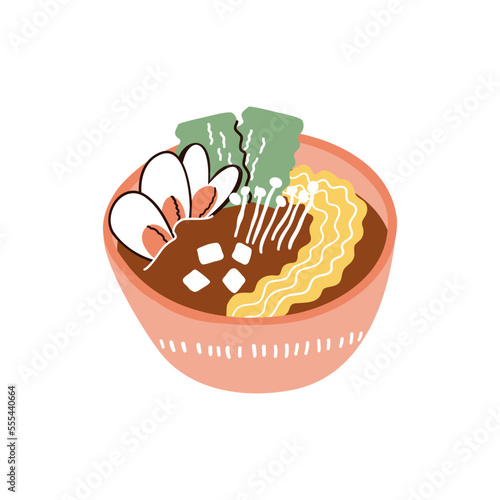 broth with mussels and noodles. hand drawn vector illustration in flat style