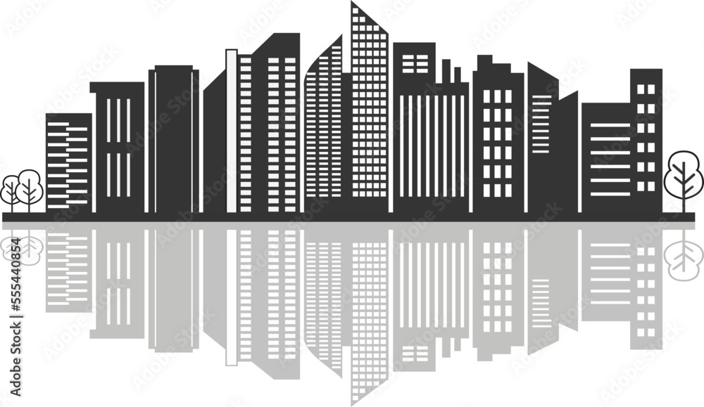 Black and white city skyline with reflection vector illustration