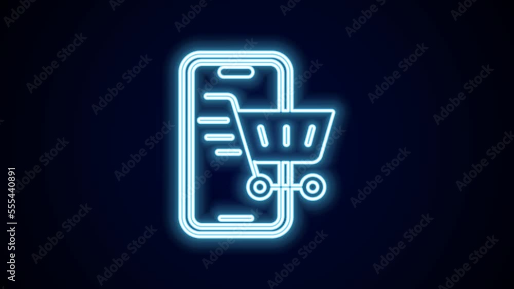 Glowing neon line Mobile phone and shopping cart icon isolated on black background. Online buying symbol. Supermarket basket symbol. 4K Video motion graphic animation Glowing neon line Mobile phone and shopping cart icon isolated on black background. Online buying symbol. Supermarket basket symbol. 4K Video motion graphic animation