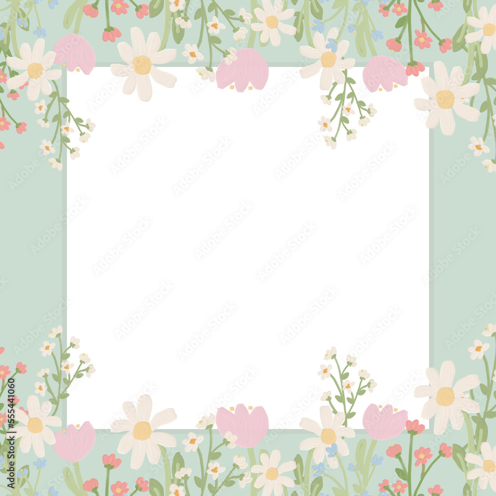 cute oil paint kid style draw flower square frame