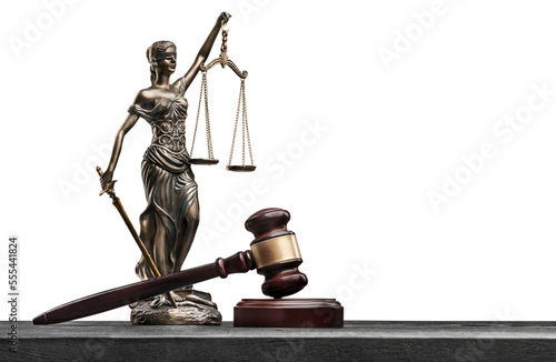 Fototapeta Brown justice statue with scale and wooden gavel