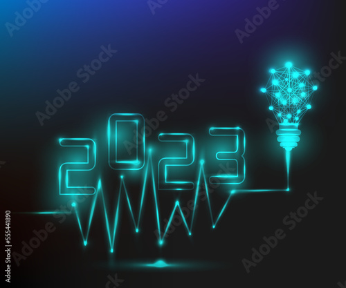 Happy 2023 New Year digital web banner template with Blue light Line digital 2023 number and light bulb