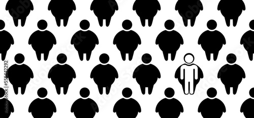 Cartoon world obesity day or celebration. Obese people on unhealthy with BMI, overweight, obesity problem. Fat, calories man or woman. Body mass index. Causes of the disease banner.