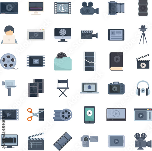 Video editing icons set flat vector. Screen audio player. Online video playlist isolated