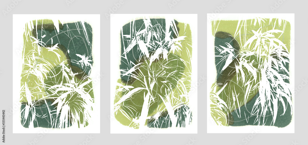 Set of three abstract design, green leafy