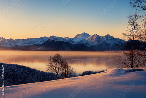 Amazing winter wonderland with mountains and lake. Designed using Generative AI.