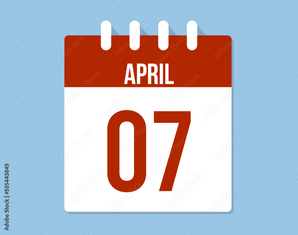 7 April day calendar vector. Red calendar page icon on blue background for April days 7 April day calendar vector. Red calendar page icon on blue background for April days