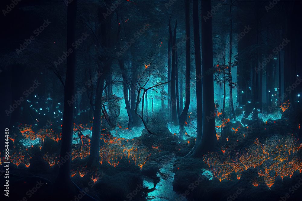 A beautiful blue glowing forest with orange glowing particles, generative AI
