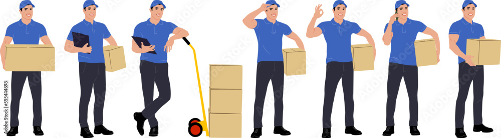 Set of hand-drawn warehouse workers with the package. Delivery guy is holding a cardboard box worker in different poses. Vector flat style illustration isolated on white. Full-length view Set of hand-drawn warehouse workers with the package. Delivery guy is holding a cardboard box worker in different poses. Vector flat style illustration isolated on white. Full-length view
