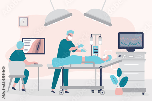 Surgery room interior, computer technologies help to operate patient. Operating room with medicines instruments, accessories. Intensive care, anesthesia, surgery, patient on operation table.