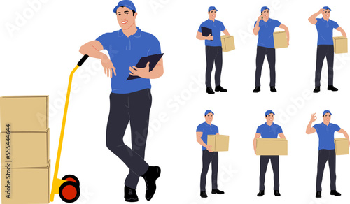 Set of hand-drawn warehouse workers with the package. Delivery guy is holding a cardboard box worker in different poses. Vector flat style illustration isolated on white. Full-length view